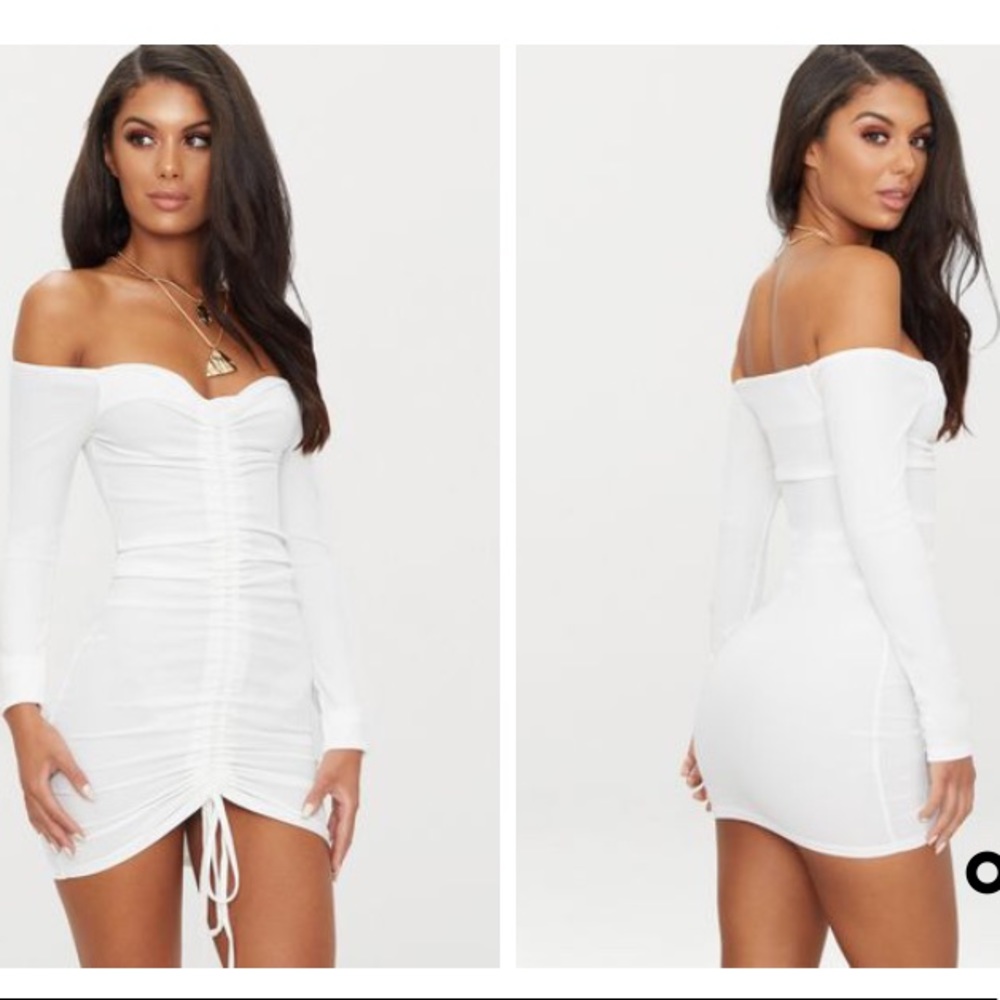 White Long Sleeve Ruched Dress